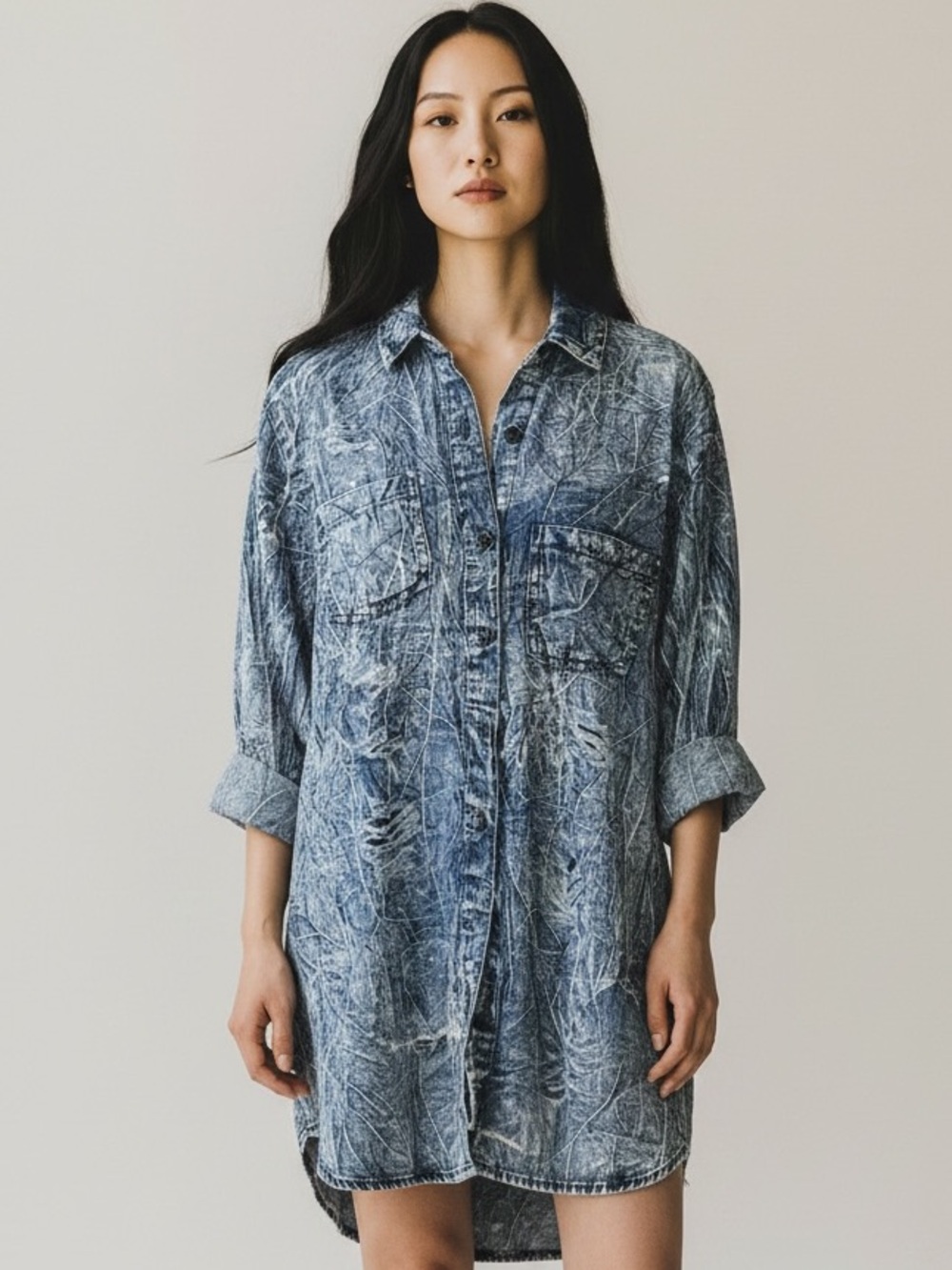 Thrill Crinkled Acid-Wash Denim Shirt Dress in Blue